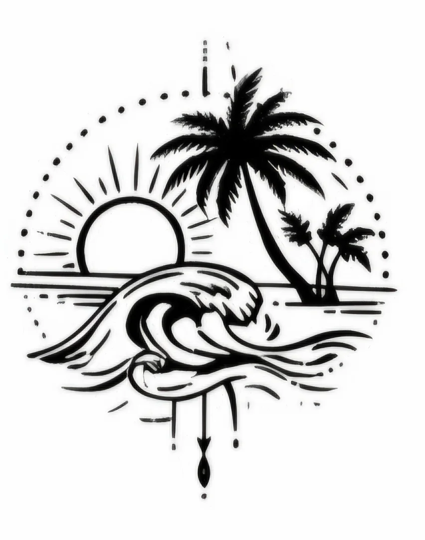 Palmera, Sol y Ola | Tatuaje Fineline